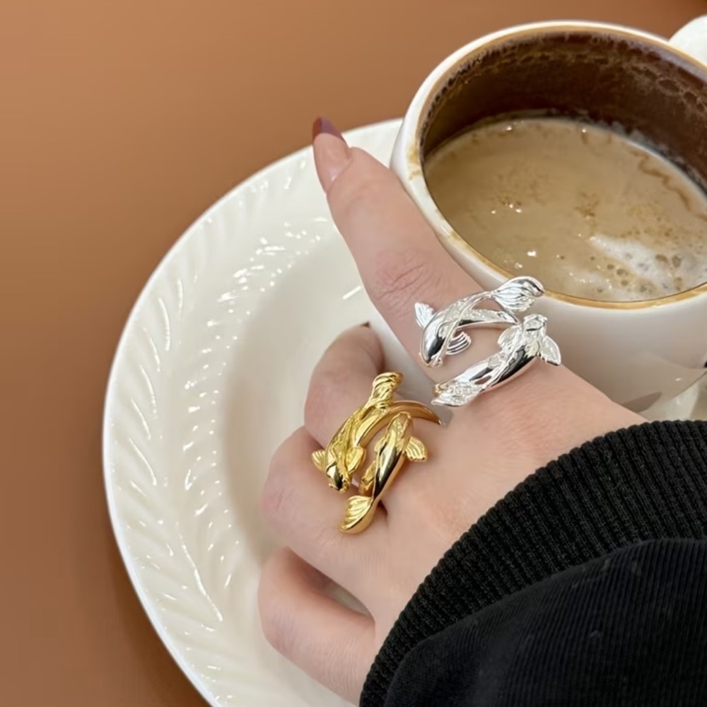 Unique Double Gold Koi Fish Ring. Adjustable Stylish open Ring 🐠 (A0-11) - Picture 9 of 9